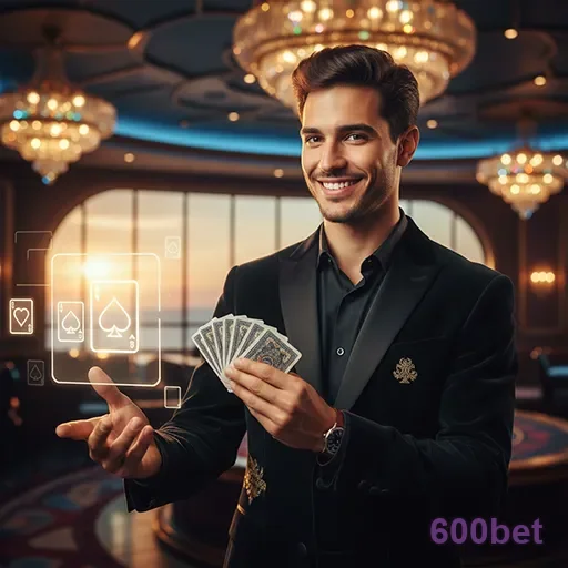 Jogador segurando cartas em ambiente de cassino no 600bet.