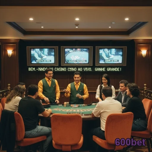 Jogadores e croupiers em cassino ao vivo no 600bet.
