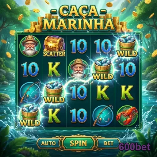 Slots da 600bet com o jogo Caça Marinha e símbolos diversos.