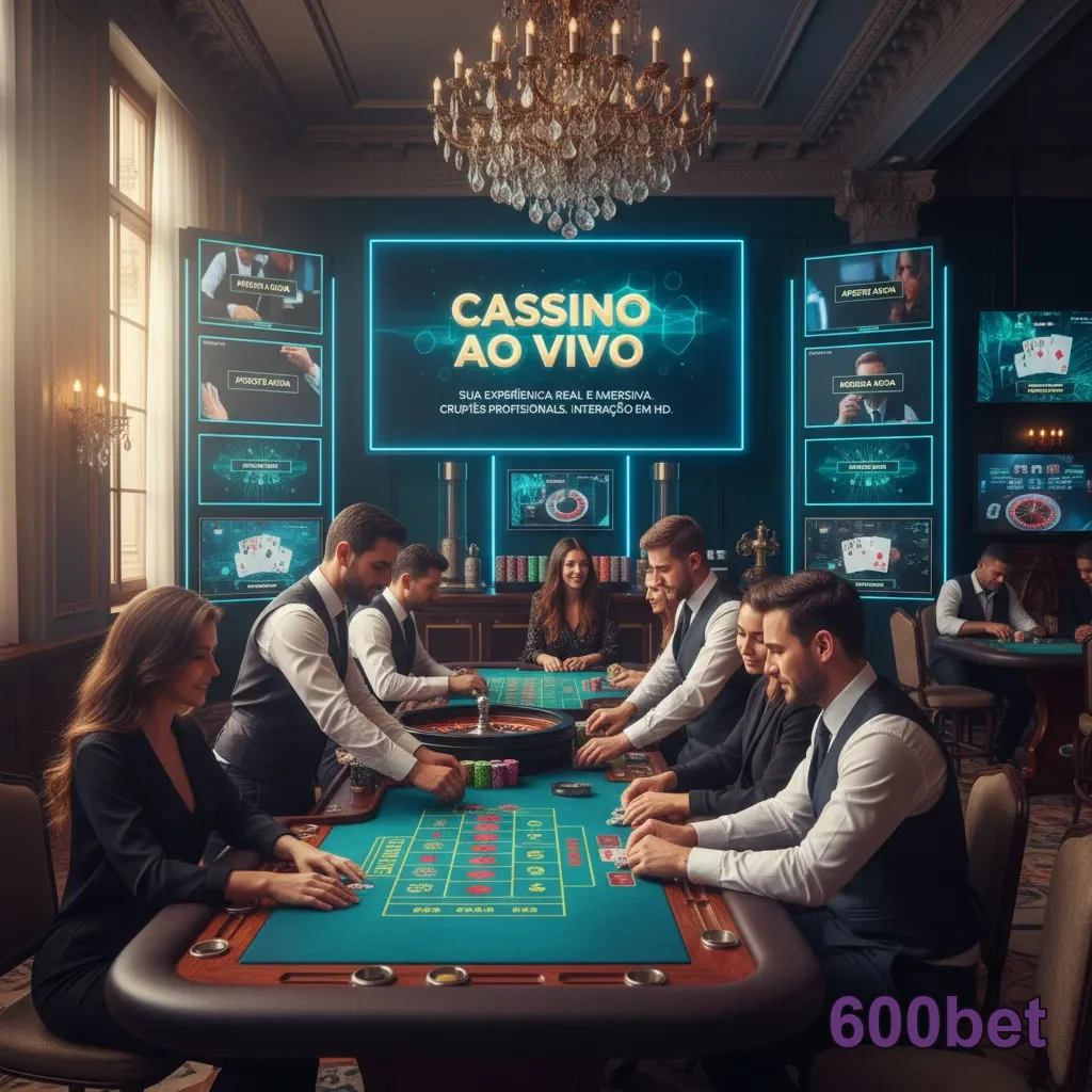 Jogadores e crupiês interagem no cassino ao vivo da 600bet.