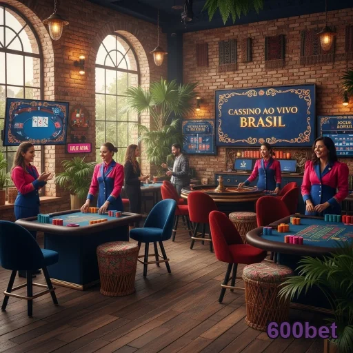 Ambiente do cassino ao vivo da 600bet com dealers e mesas.