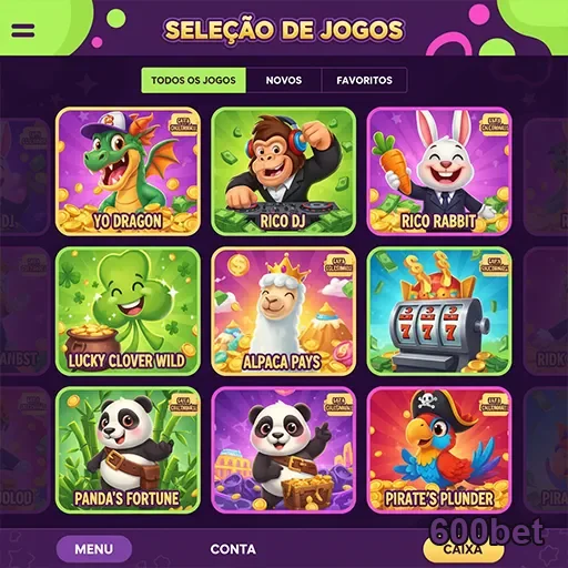 Interface da 600bet com seleções de jogos e bônus VIP.