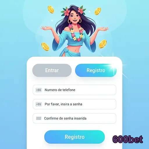 Interface de registro do 600bet com personagem e moedas.