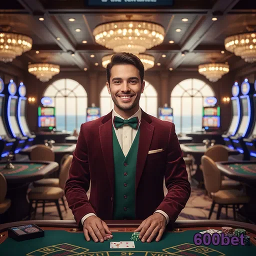 Croupier sorridente no cassino 600bet entre máquinas de slot.