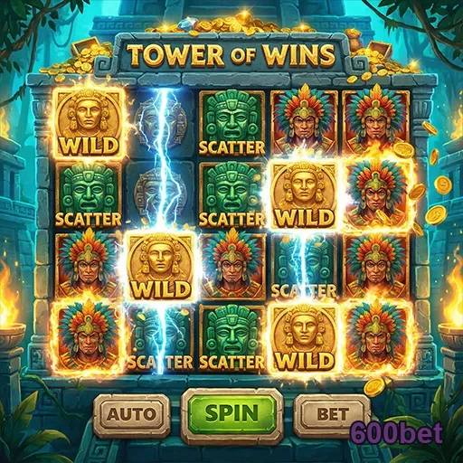 Tela do jogo 'Tower of Wins' na 600bet com símbolos e rodadas.
