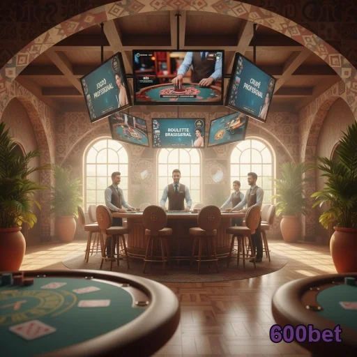 Mesa de jogos VIP no 600bet com jogadores e telas interativas.